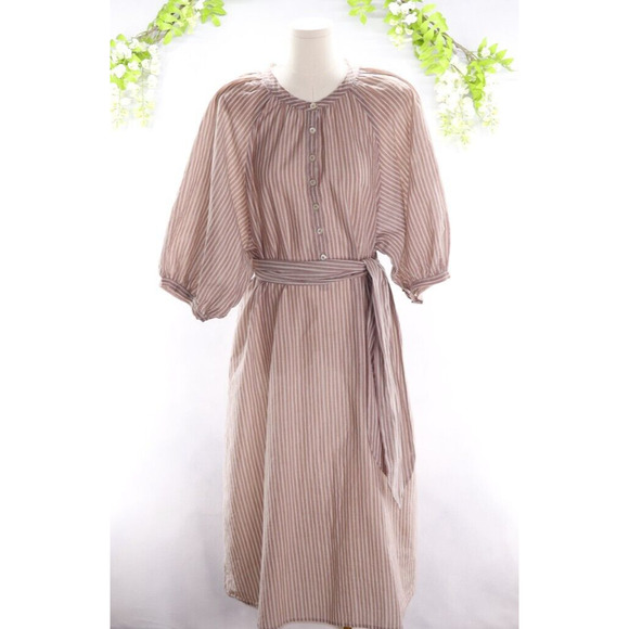 The Great Women's Puff Sleeve Striped Crew Neck Midi Cotton Dress Sz L - Picture 1 of 9